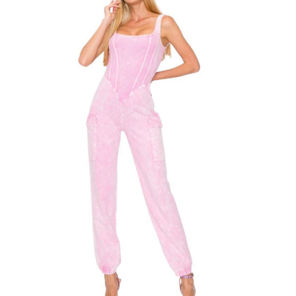 J HER Pink Acid Wash Corset Cargo Jogger Jumpsuit 100% Cotton